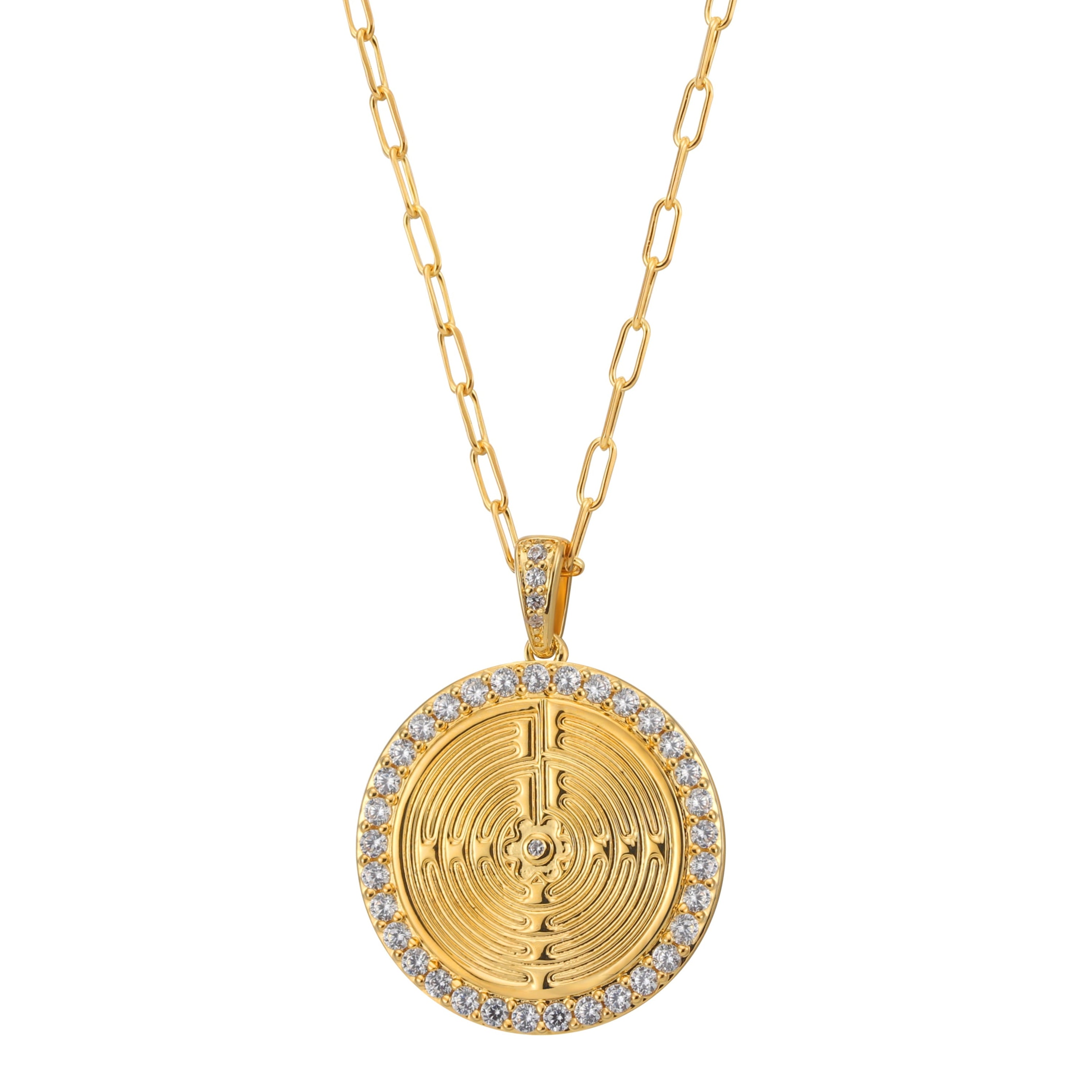 A gold-plated brass necklace with a central pendant featuring an engraved design surrounded by pavé crystals, displayed on a white background.