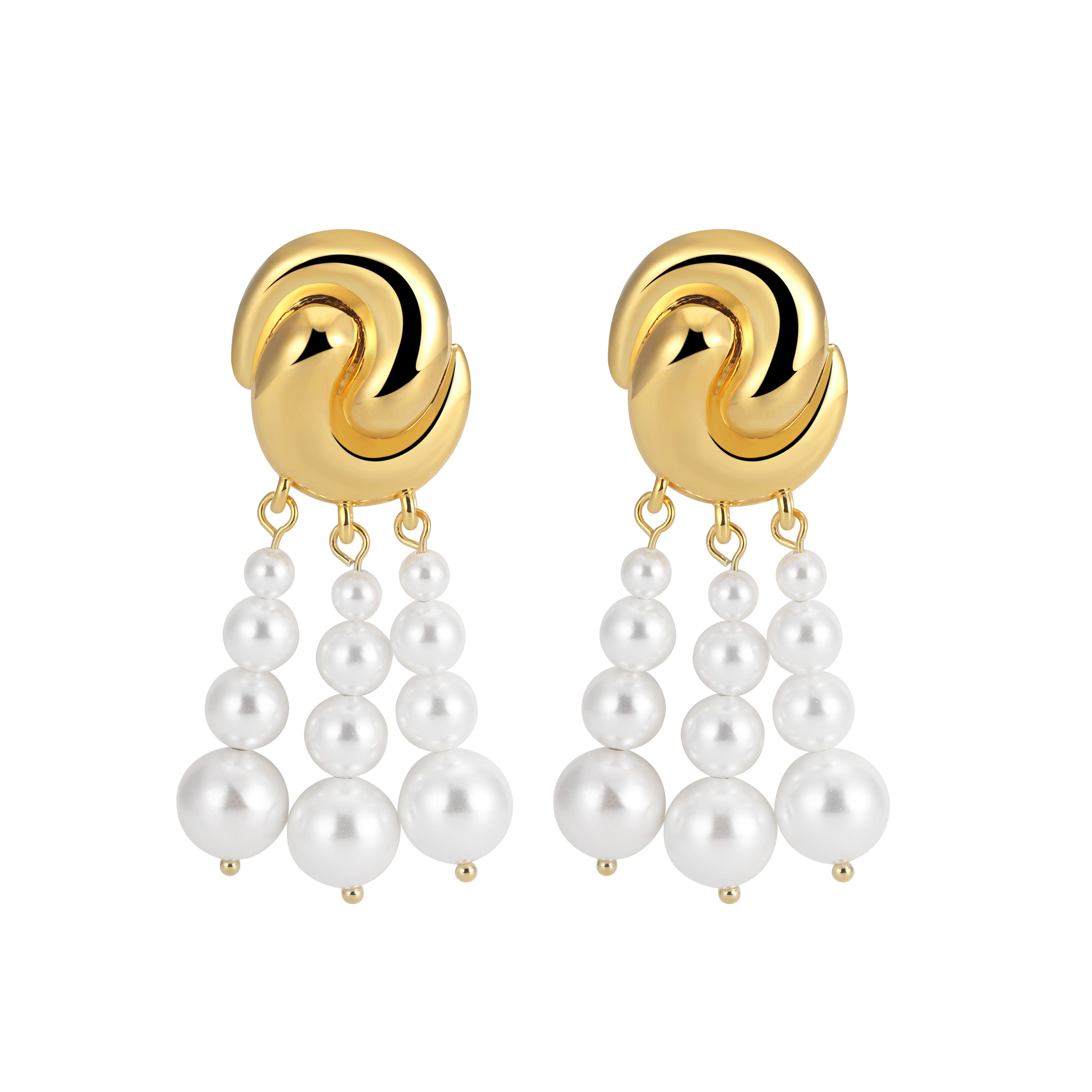 A pair of gold-colored earrings with swirl designs and cascading white pearl drops.