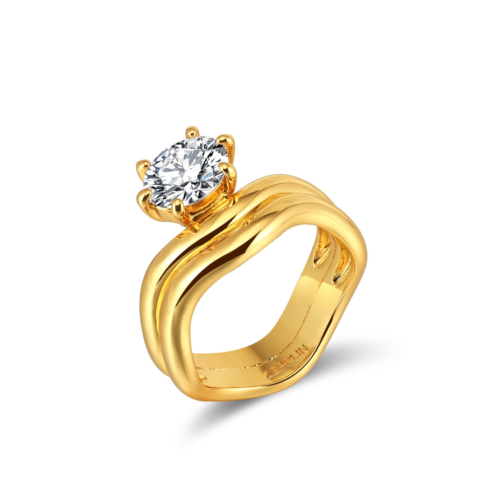 Gold ring with a diamond on a white background